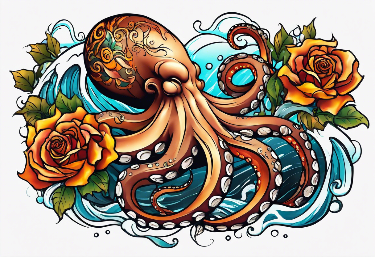 masculine abstract left thigh tattoo with a large long flowing octopus in water swirls wrapping around rocks, with a rose, in fall colors with some small leaves and fall elements tattoo idea