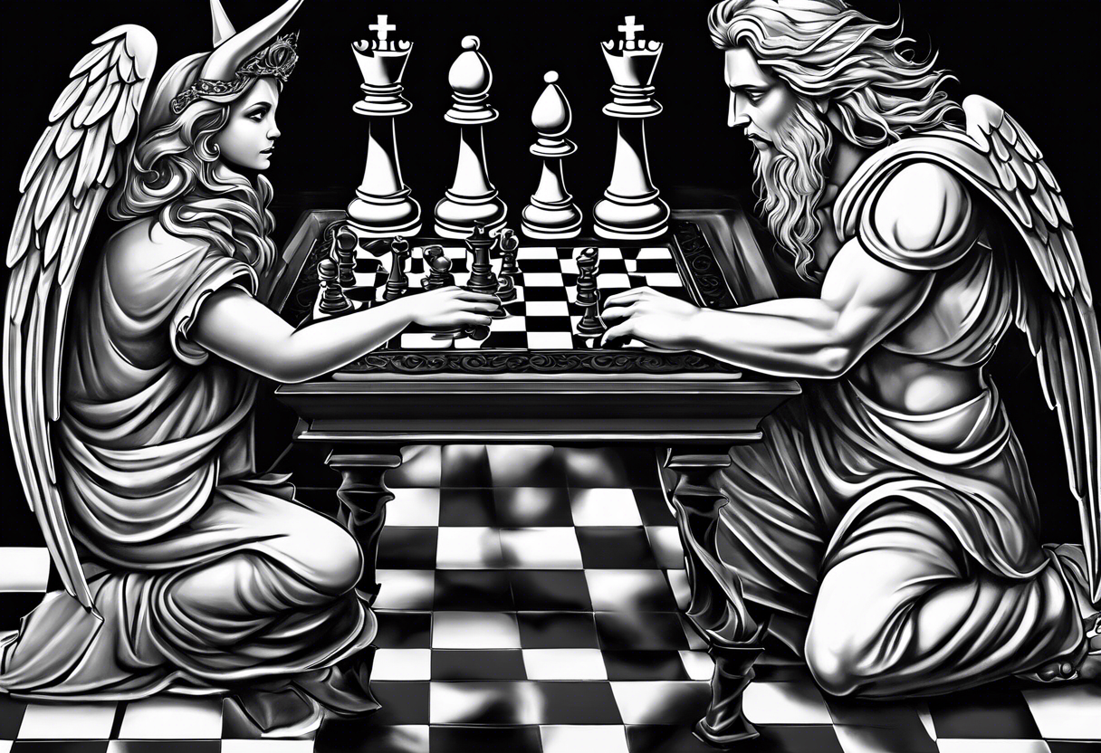 an angelic hand making a strategic move on one side of the chessboard, while the demonic hand on the other side counteracts, symbolizing the timeless struggle. tattoo idea