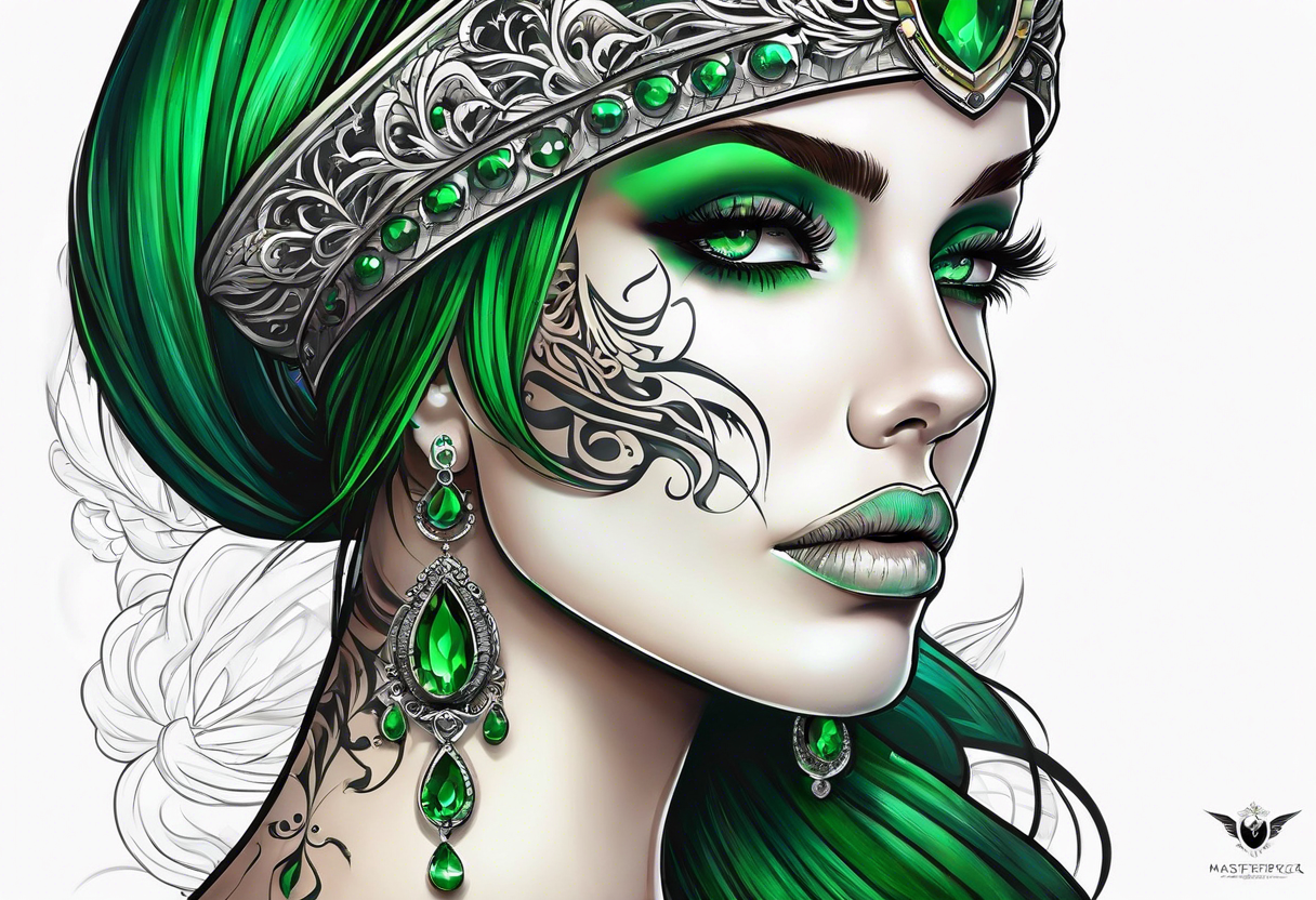 Woman’s scull profile with green eyes. tattoo idea