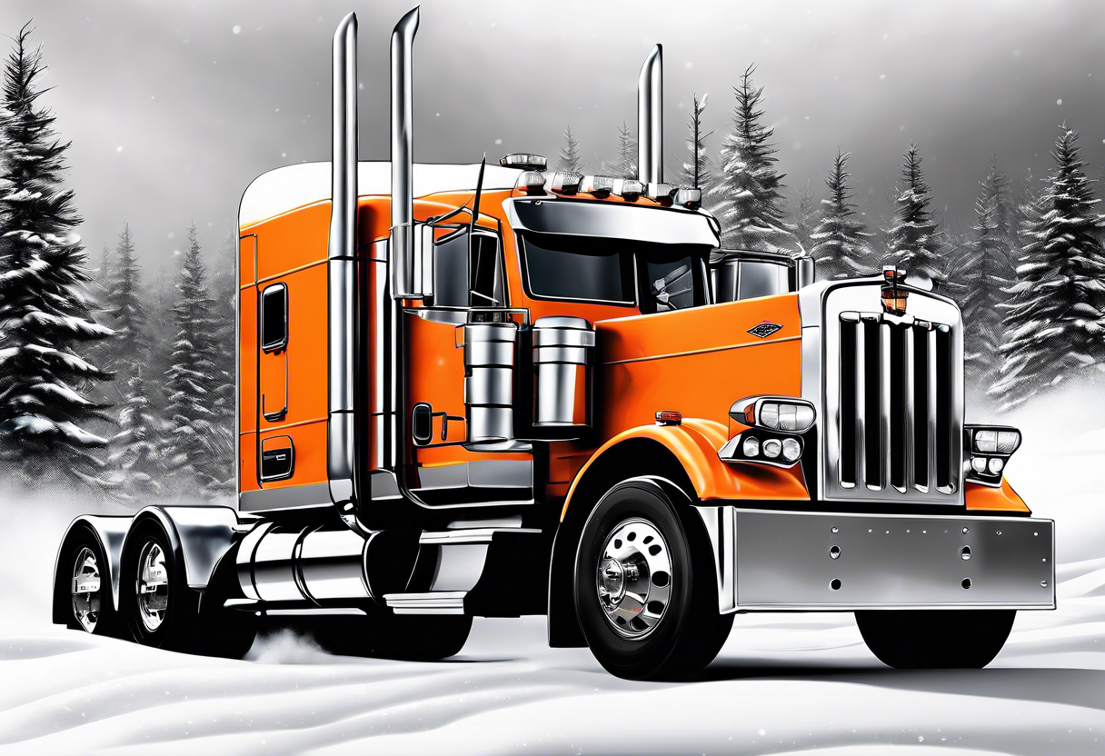 Peterbuilt 389 driving through the snow with orange light striking behind it tattoo idea