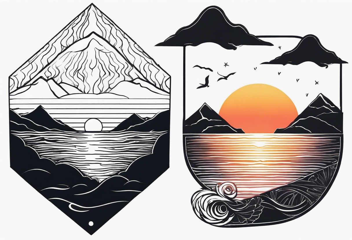 i want two different tattoos next to each other in a matching sytle. one is going to be about a sea/beach at sunset and the second one is mountains with sunrise. All going to be black and white. tattoo idea