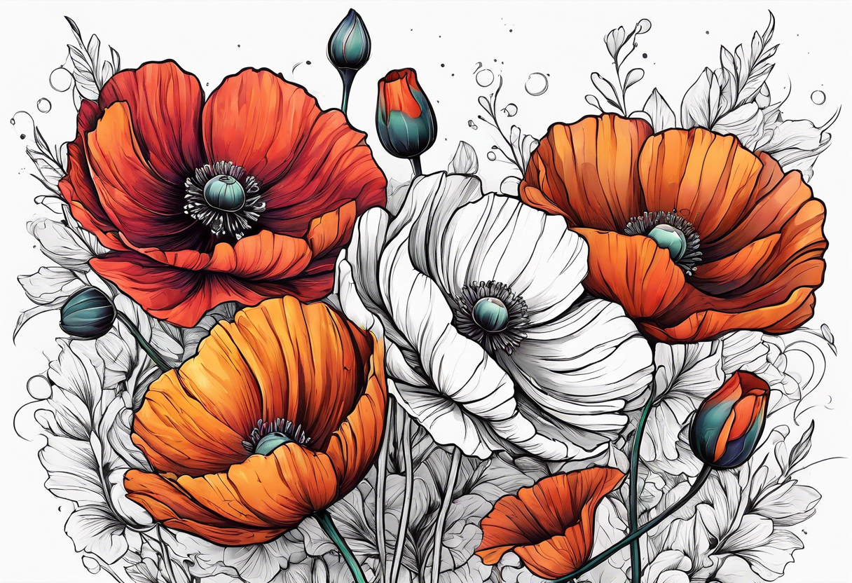 1 Cosmos and 1 Poppy flowers tattoo idea