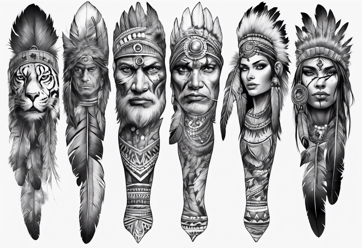 indian realistic leg sleeve with human face and feathers 
and maybe some animals evil looking tattoo idea