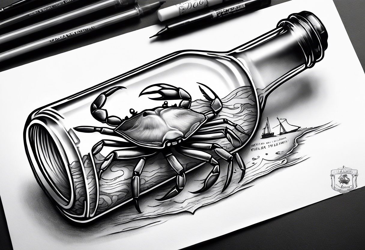 A message in a bottle. Rolled up map inside the bottle. crab outside protecting the bottle. tattoo idea