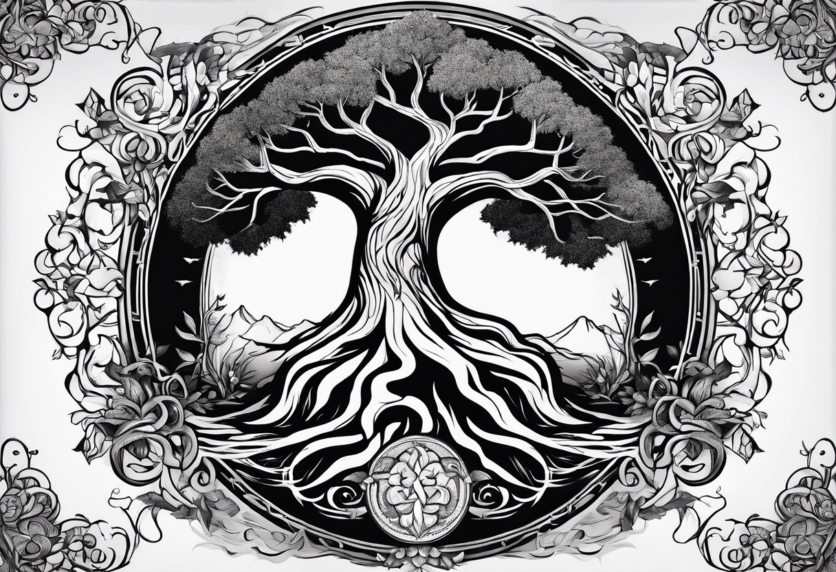 Yggdrasil with 9 realm illustrated tattoo idea