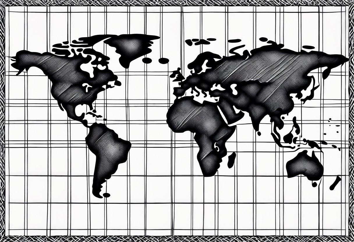 a flat map of the earth on a small fading grid in the shape of a circle tattoo idea