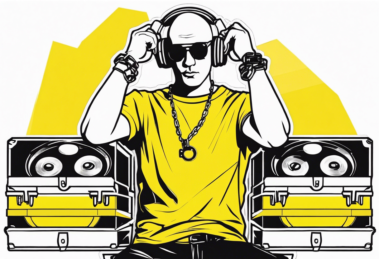 a bald german dj with handcuffs on in a bright yellow shirt with red shoe boxes around him tattoo idea