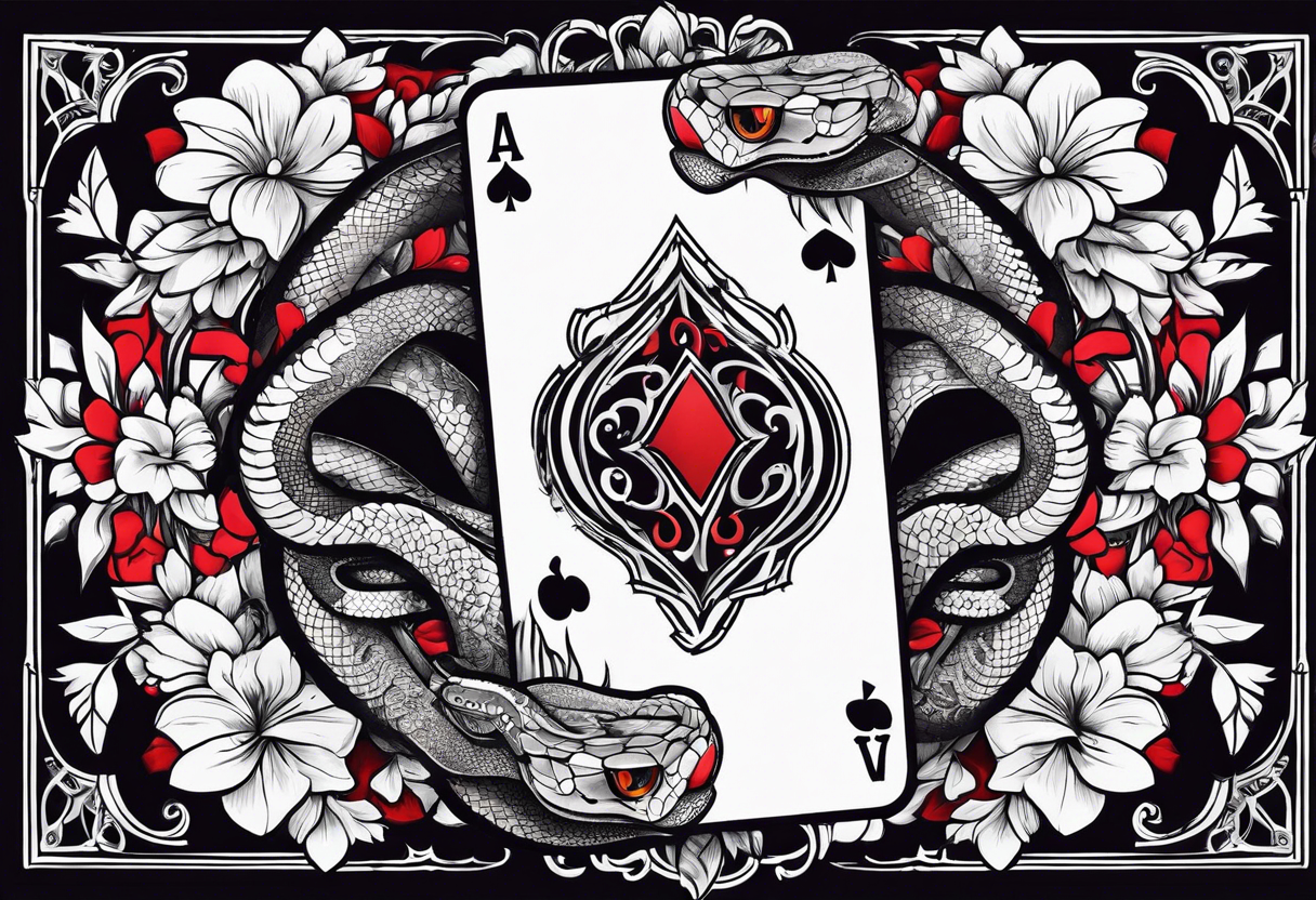 snakes with a playing card with flowers tattoo idea