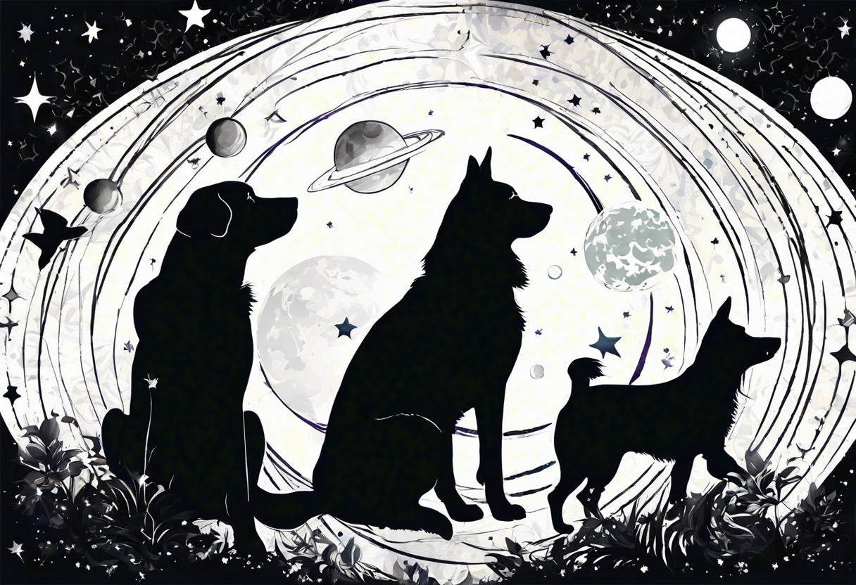 4 silhouettes looking up at outer space. 3 of the silhouettes must be dogs. 1 of the silhouettes must be an adult human male. tattoo idea