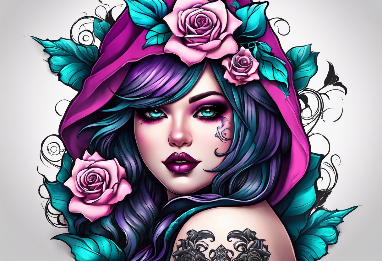 Chubby gothic girl, roses, skulls, teal, pink, purple tattoo idea