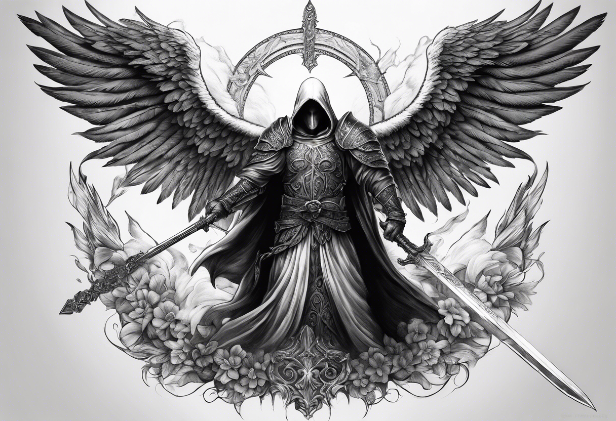 realistic angel of death, man, full body, no face visible, holding one sword, sword vertically pointing downwards tattoo idea