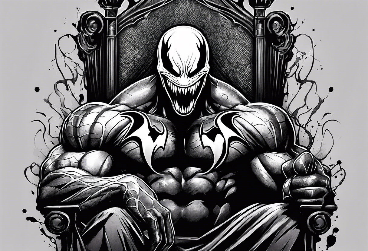 Smiling Venom with tongue out on throne with paint drip with Kobe’s black mamba symbol on the chest tattoo idea