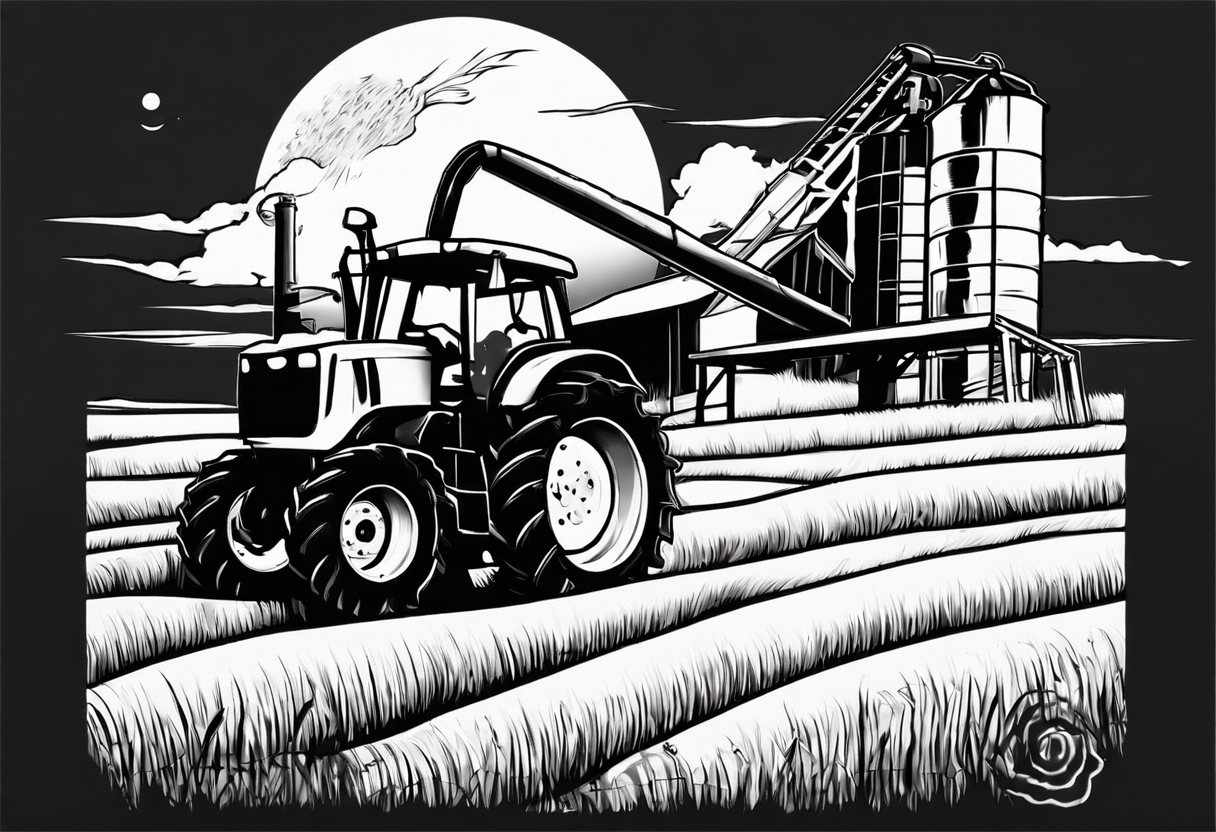 Grain tractor, canola field, grain mill, harvest moon, grain truck offloading grain into grain bins tattoo idea