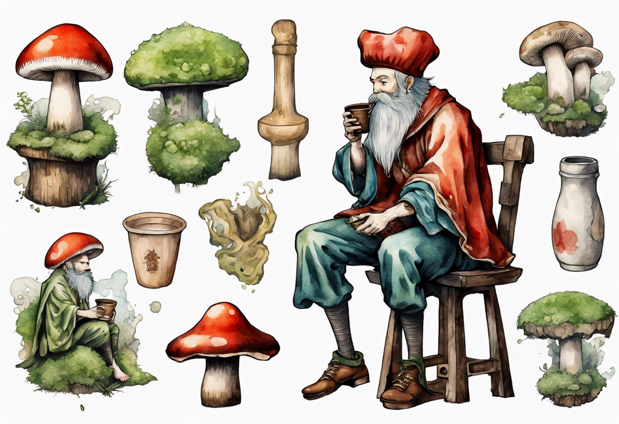 a mushroom with a mossy beard wearing medieval clothes sitting on a stool drinking from a wood cup tattoo idea