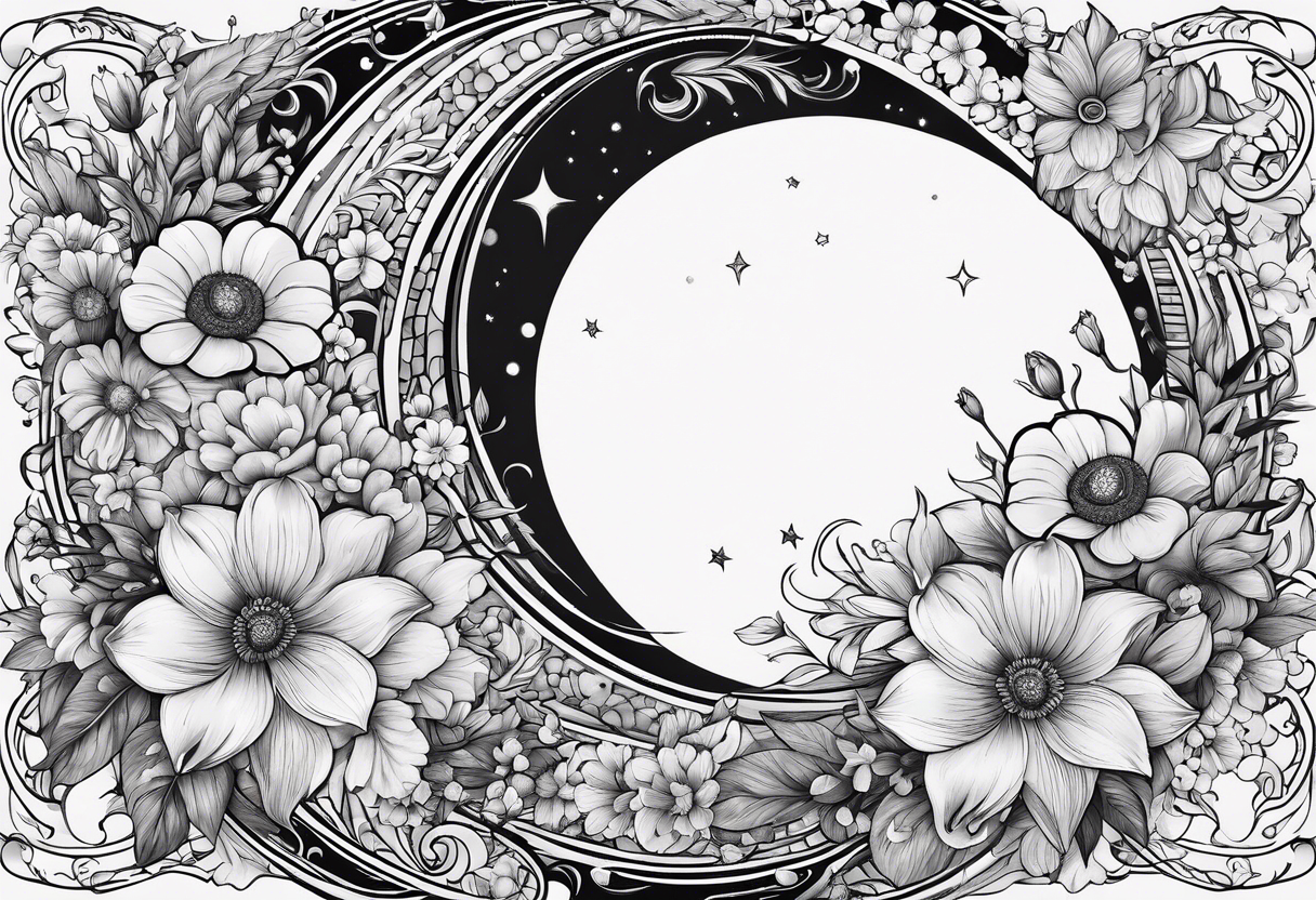 Crescent moon shrouded in pretty flowers tattoo idea