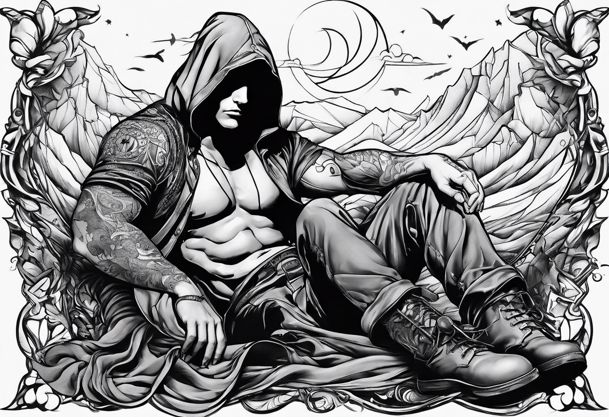 darkness man sittinng messy line tattoo idea