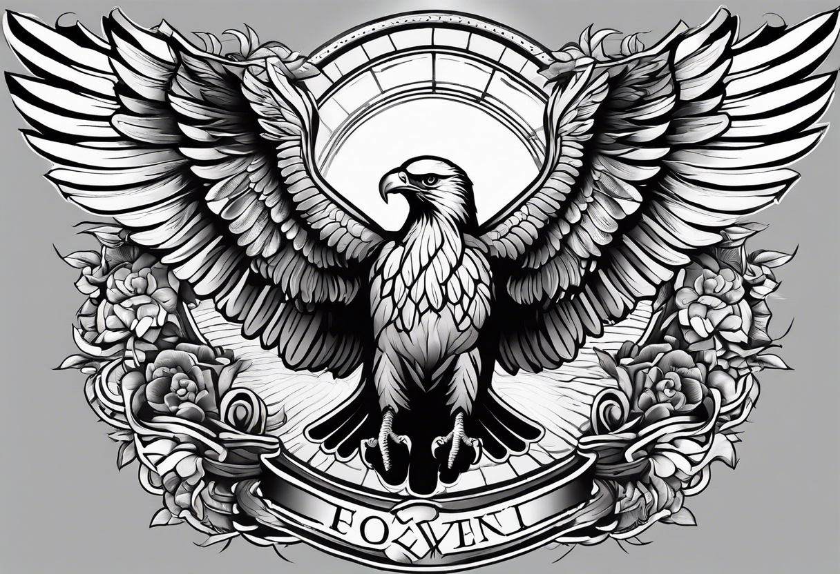 idea of pain for glory in life, discipline and catholic religion. Tattoo on the back with an eagle , 2 doves and fish tattoo idea