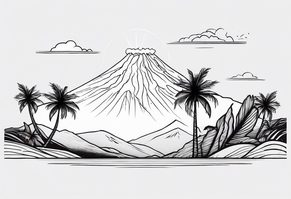 Fine line style. Thin and tall palmtree with a minimalist volcano in the back tattoo idea