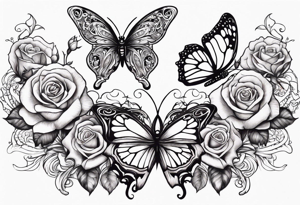 Butterflies flying with roses & filligree tattoo idea