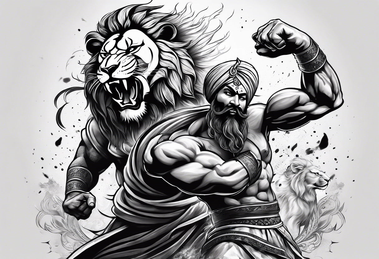 Sikh warrior fighting a lion with full anger tattoo idea | TattoosAI