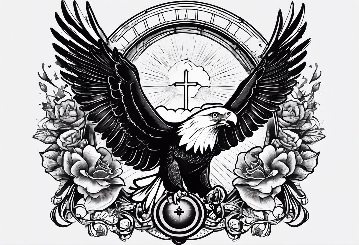 idea of pain for glory in life, discipline and catholic religion. Tattoo on the back with an eagle , 2 doves and fish tattoo idea