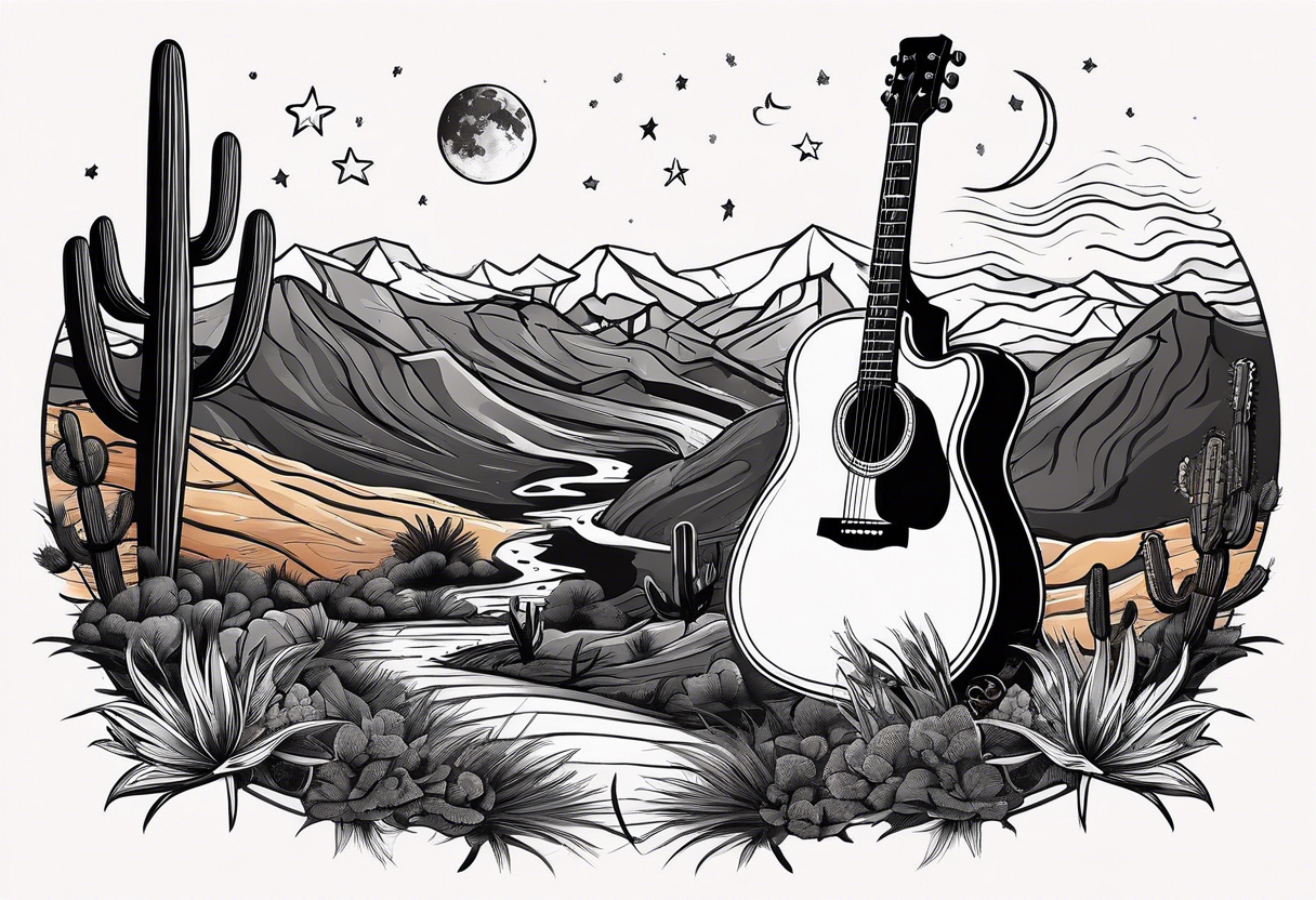 Acoustic Guitar by a campfire with a desert landscape and dirt bike silhouette and a half moon and stars tattoo idea