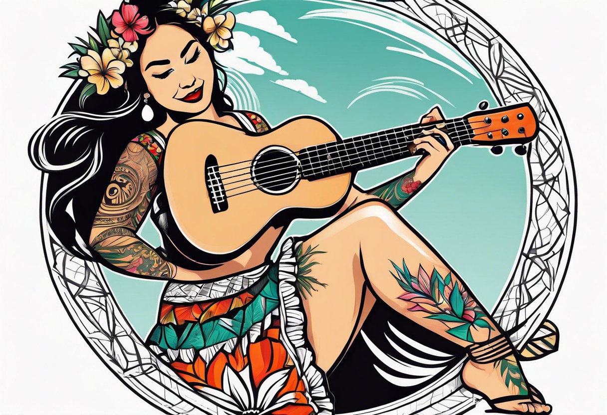 entire hula plynesian girl squating and dance with ukulele tattoo idea