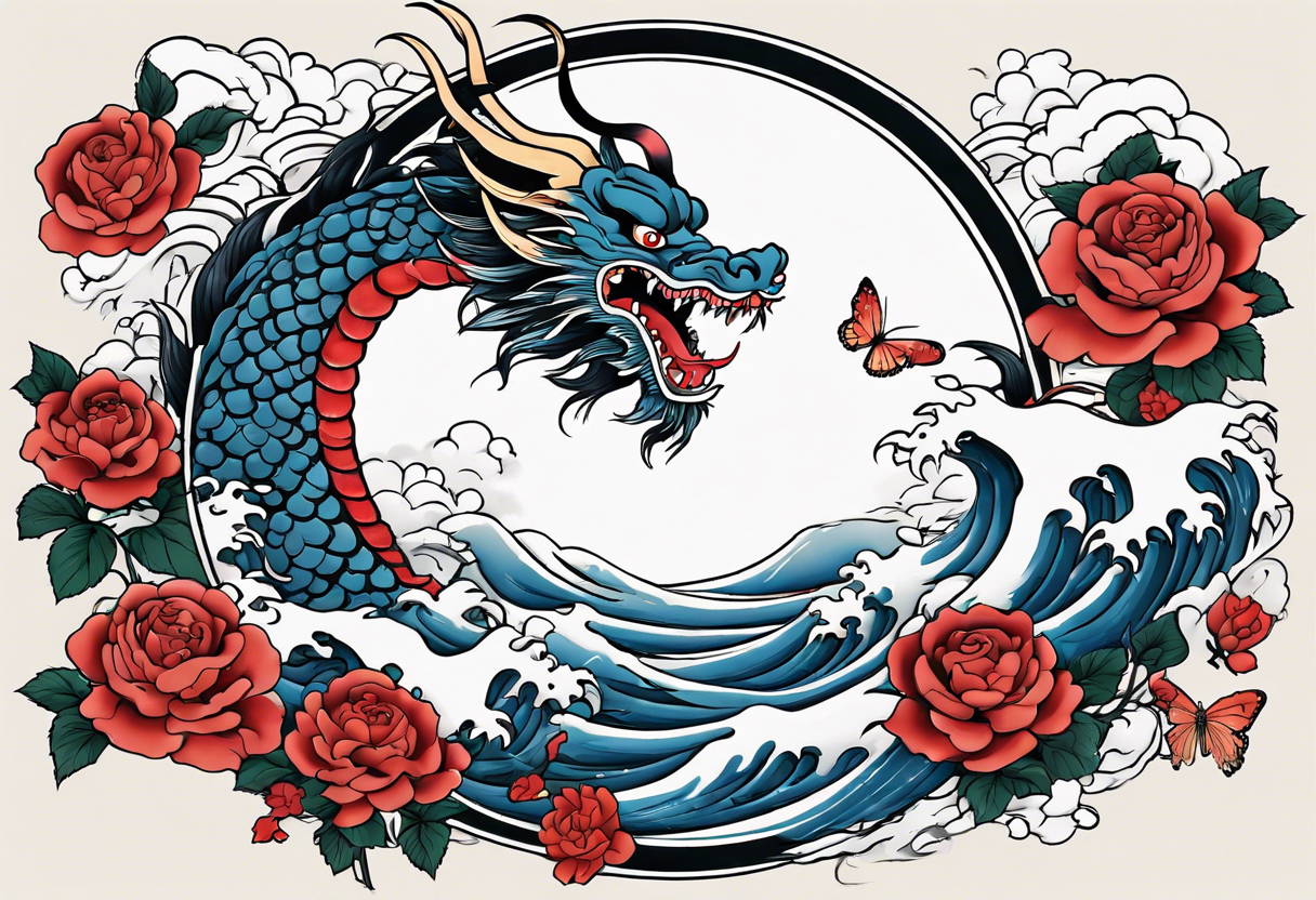 Filler Japanese or Chinese style background for traditional Chinese dragon, Hokusai great wave tattoo in a circle and a traditional rose and butterfly tattoo tattoo idea