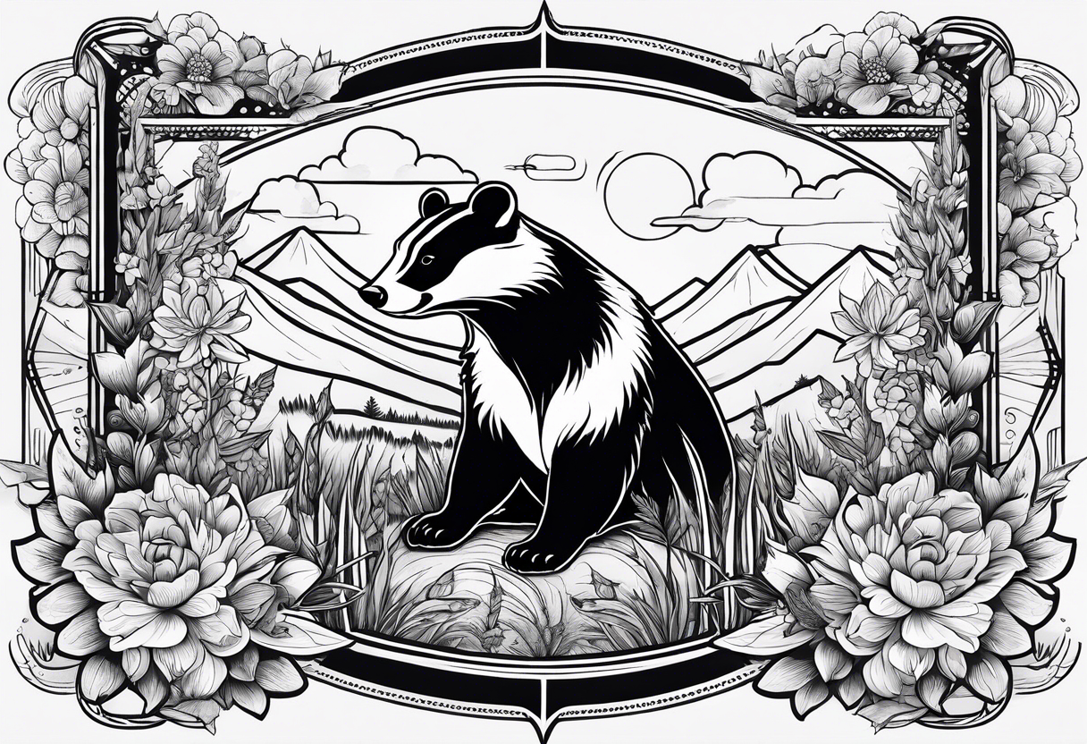 A badger with a cub in a field of flowers, including an open fireplace and a cannabis leaf realistic in center and getting more trippy and black towards the edges tattoo idea