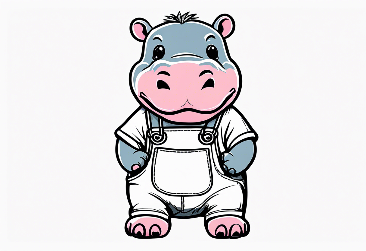 Baby hippo wearing a overalls and holding up his middle finger tattoo idea