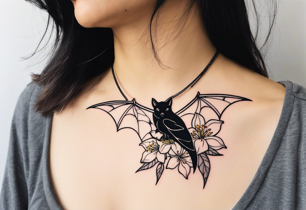 Shoulder and collarbone tattoo of a vibe of night-blooming Jasmine with a bat hanging from one of the stems. Make the bat spooky tattoo idea