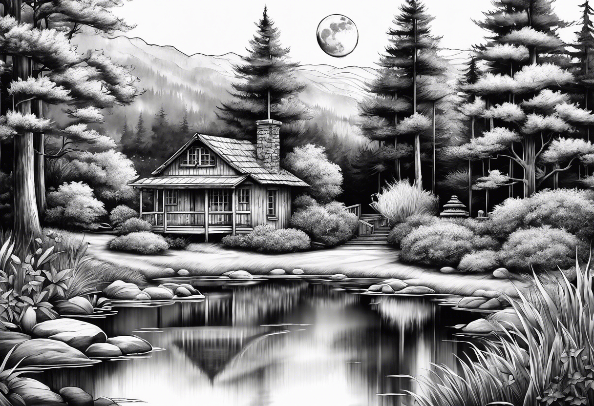 Hidden, secret garden, lake, day moon, beauty, cabin, pond tattoo idea