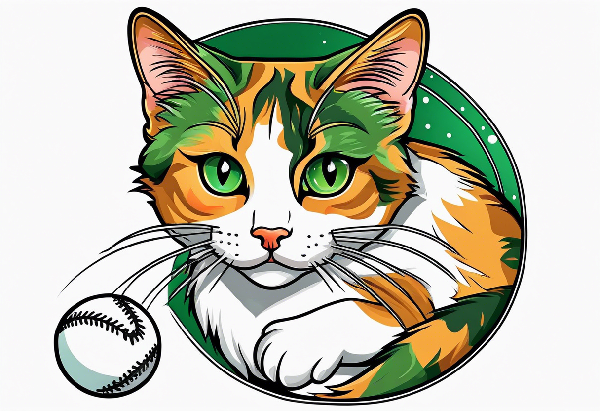 Calico cat with green eyes playing with a cricket-shaped toy tattoo idea