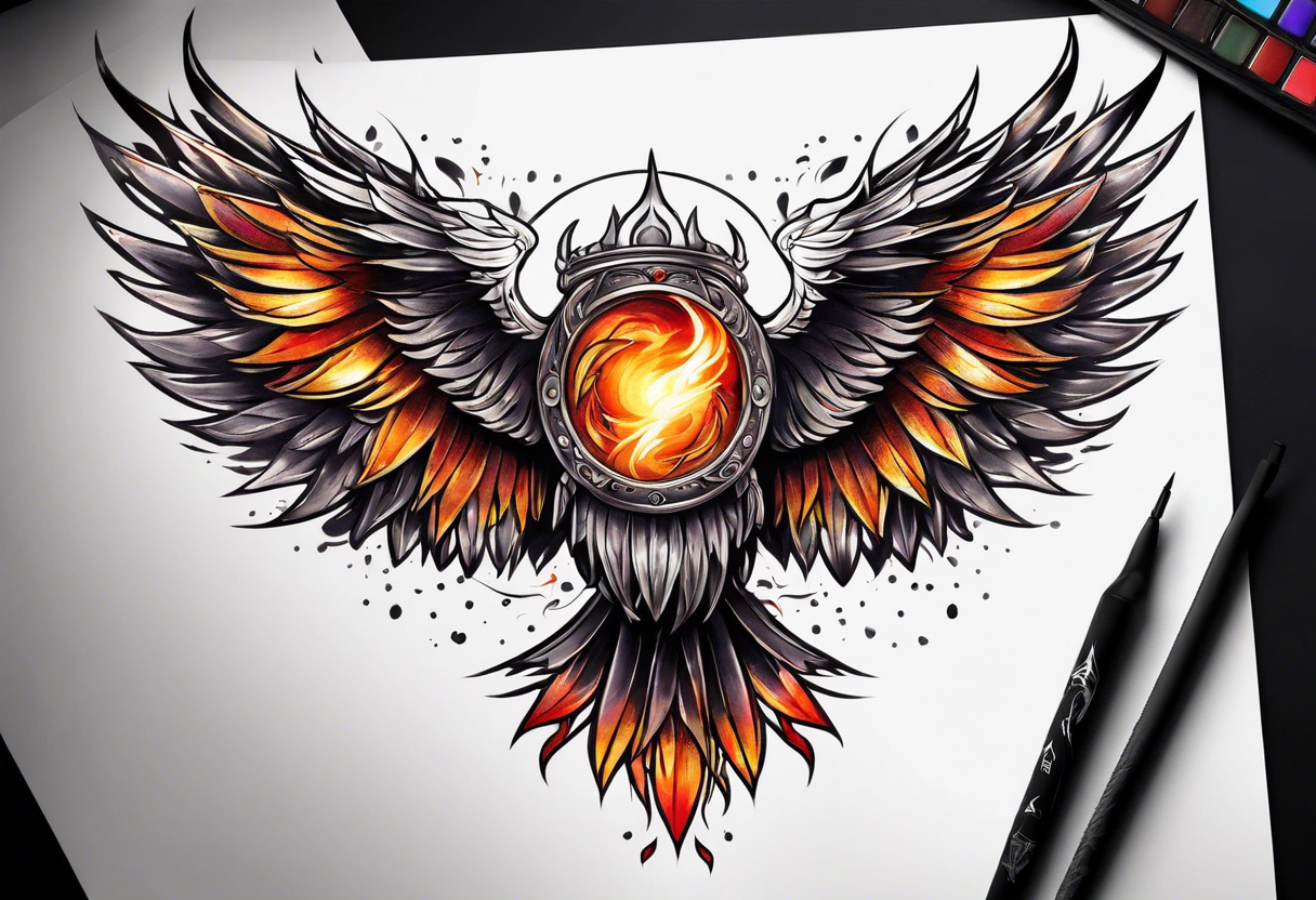 Many wings and eyes and burning flame tattoo idea