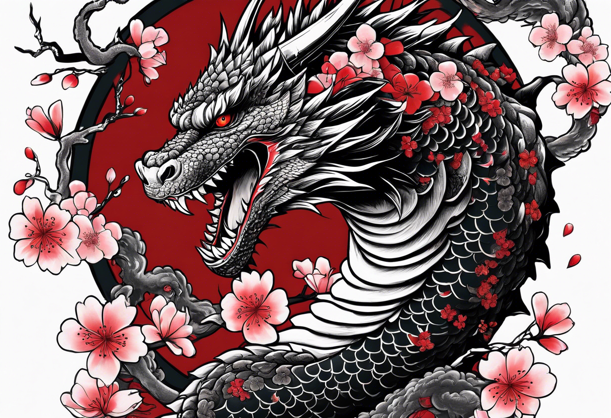 godzilla inspired dragon irezumi in black and red with water and lightning and cherry blossoms arm sleeve tattoo idea