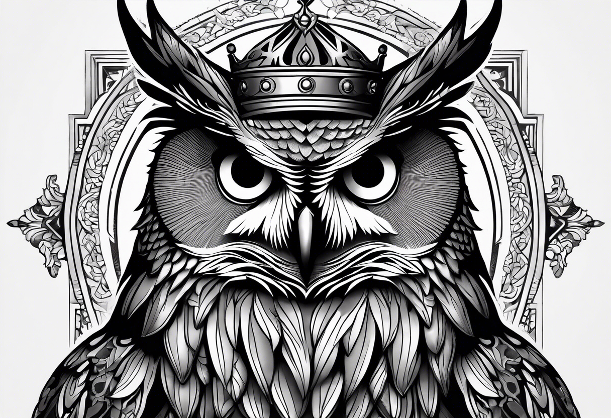 Documentary style portrait of an evil king owl, intricate details captured as if for a magazine cover, embodying the essence of a captivating tattoo design tattoo idea