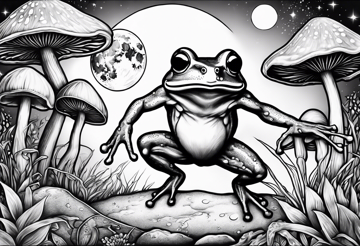 dancing humanoid frog under the moon mushroom in the Background mystical tattoo idea