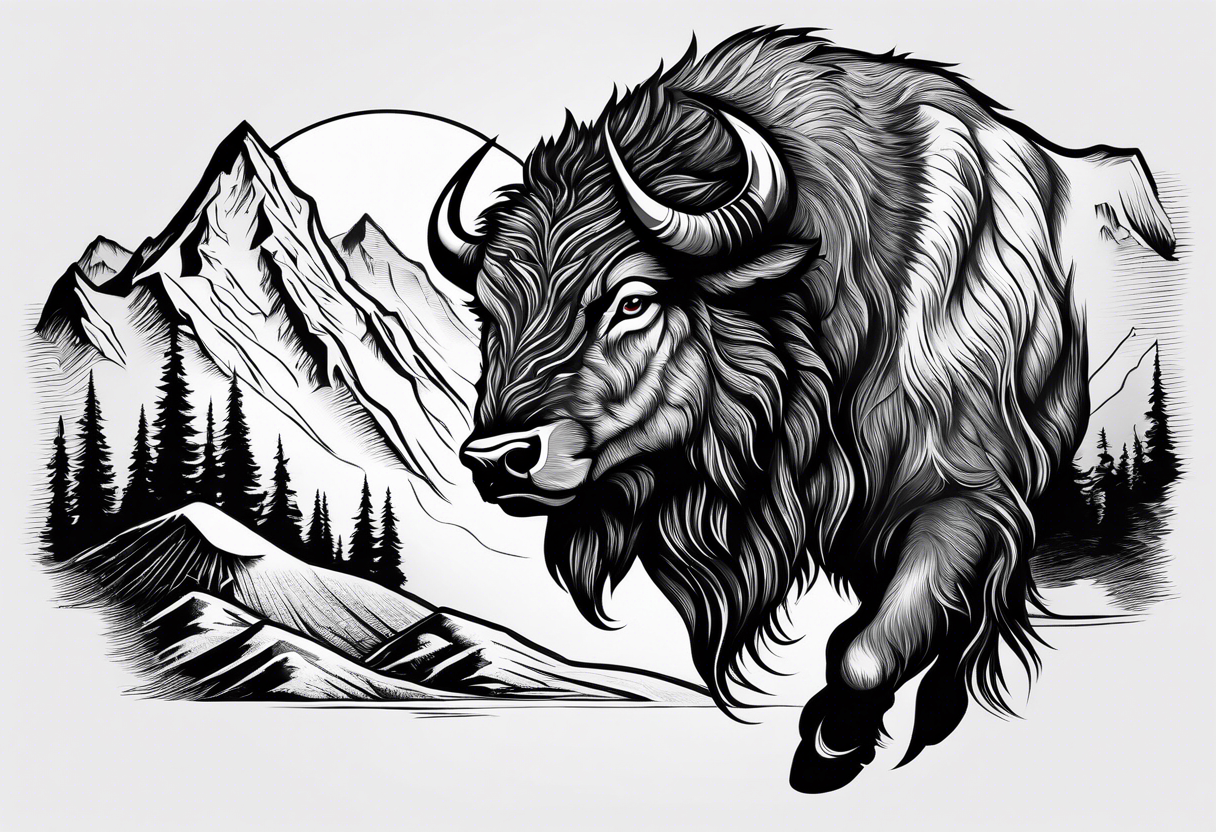 Mountains cowboy bison wolf tattoo idea