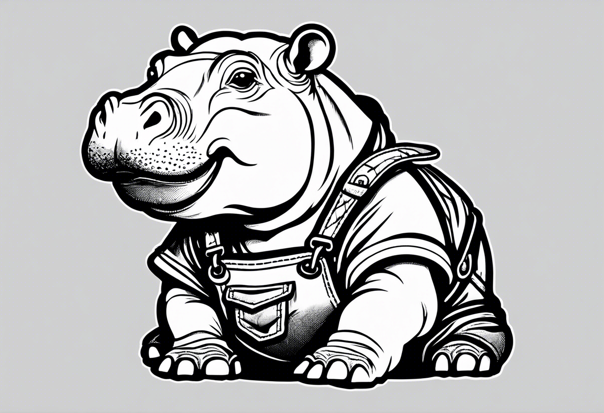 Baby hippo wearing overalls holding up his middle finger tattoo idea