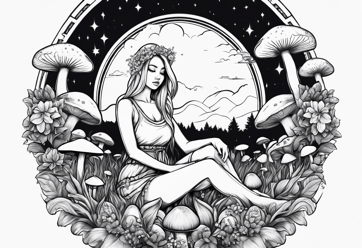 Blonde Girl sitting lotus position in field of mushrooms tattoo idea