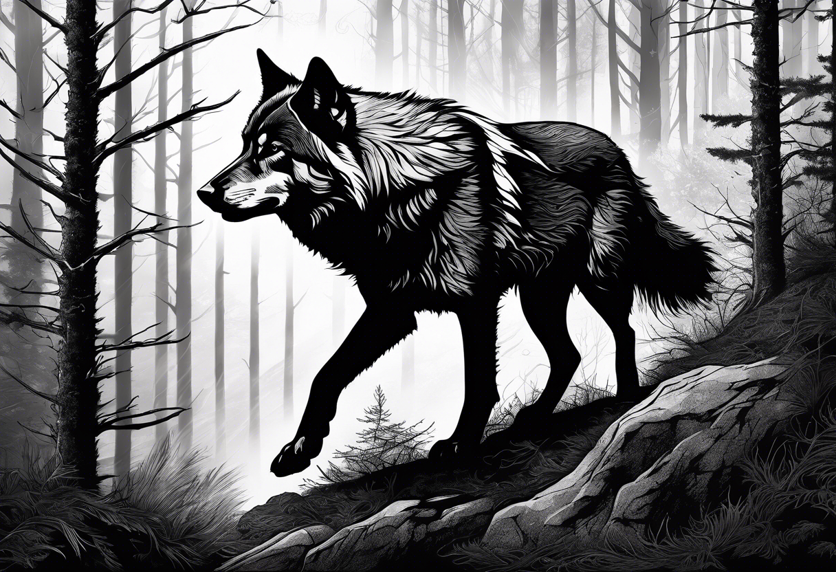 A detailed sketch of a lone wolf prowling through a dense, misty forest. This design can symbolize independence and mystery. tattoo idea