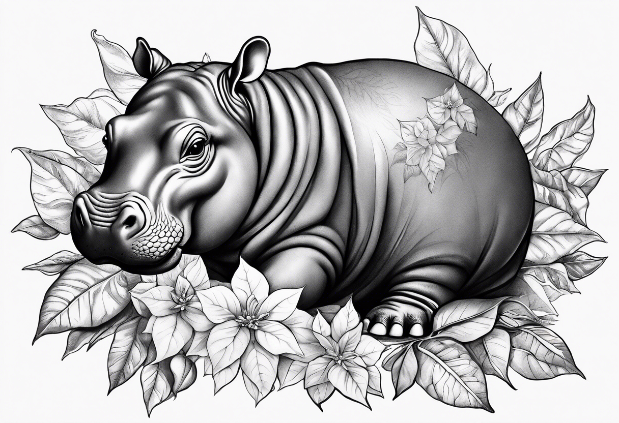 Baby hippo with poinsettia tattoo idea