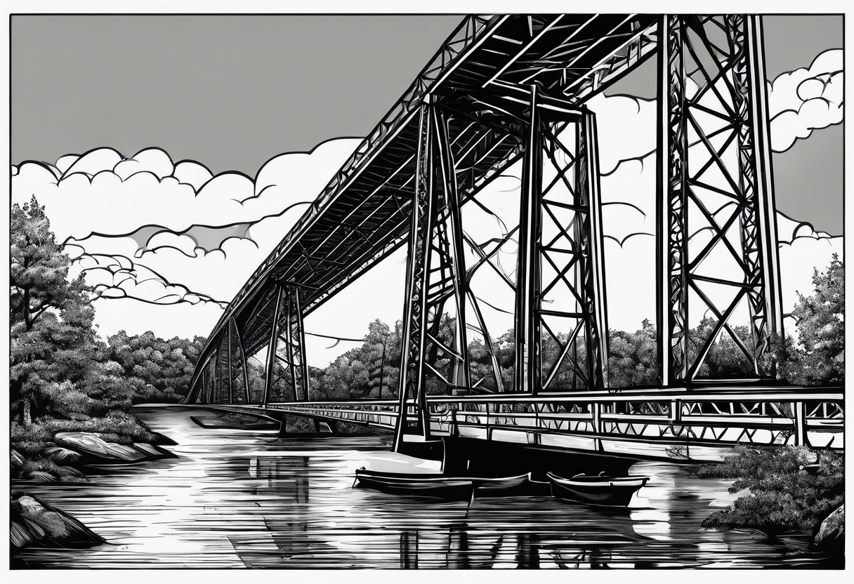 simple line art, view from under steel truss cantilever bridge tattoo idea