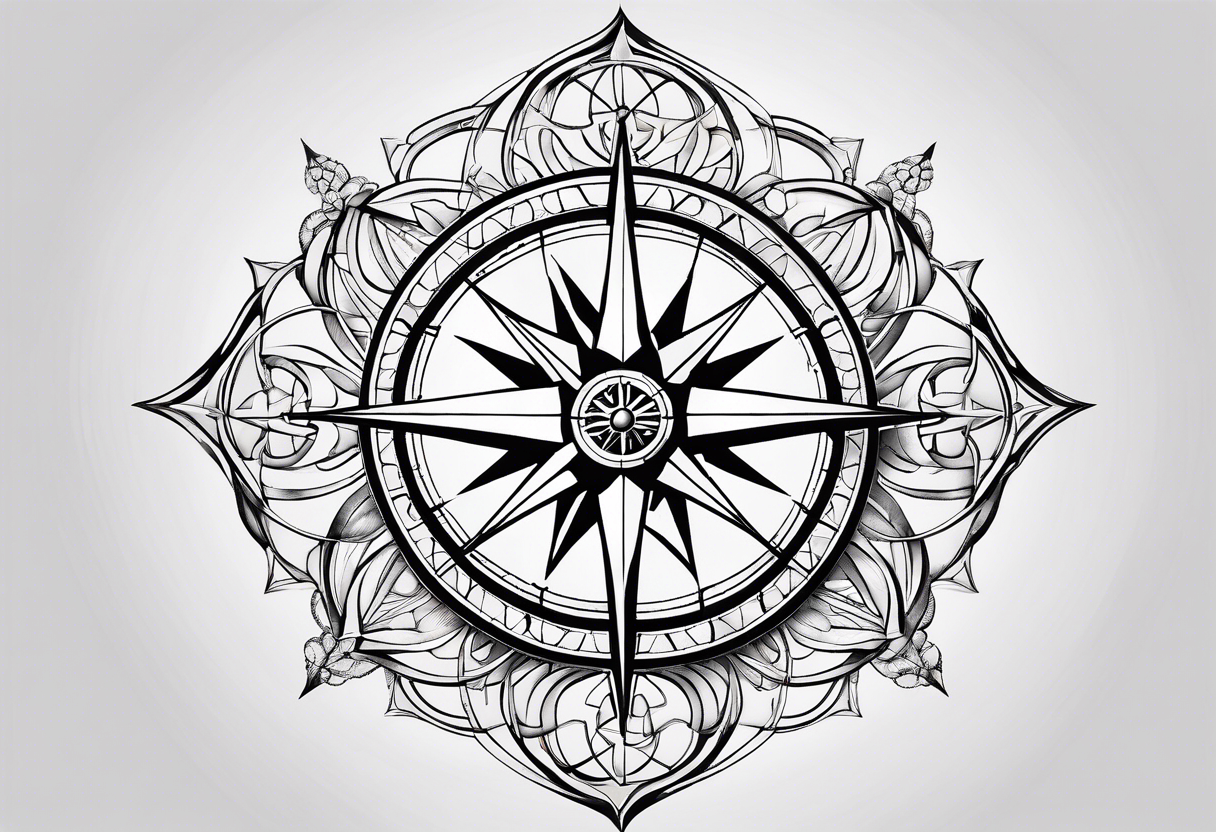 a classic compass rose as the central element with a molecular structure of serotonin tattoo idea