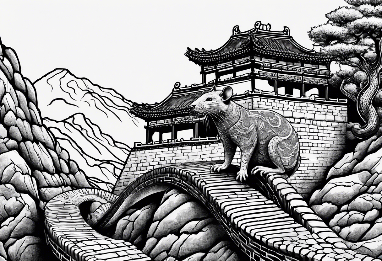 Rat behind Tiger and Snake on the great Wall of China with Temple tattoo idea