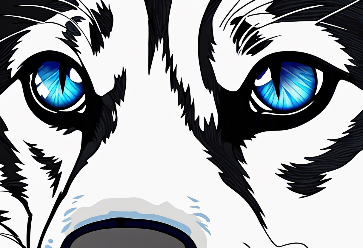 Thigh piece. A black and white Siberian husky with blue eyes. The face should be split in half with one half watercolor and one half geometric. tattoo idea