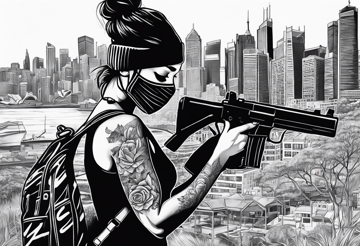 Woman wearing a ski mask holding a gun with graffiti as the background and a scenic view of Sydney city tattoo idea