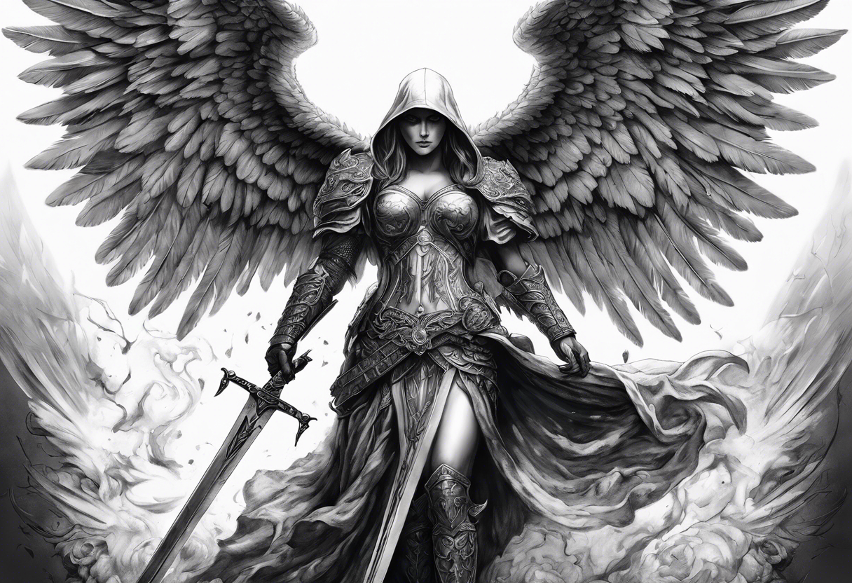 realistic angel of death, full body, without face, holding one sword in both hands, sword pointing downwards, skulls lying on the ground tattoo idea