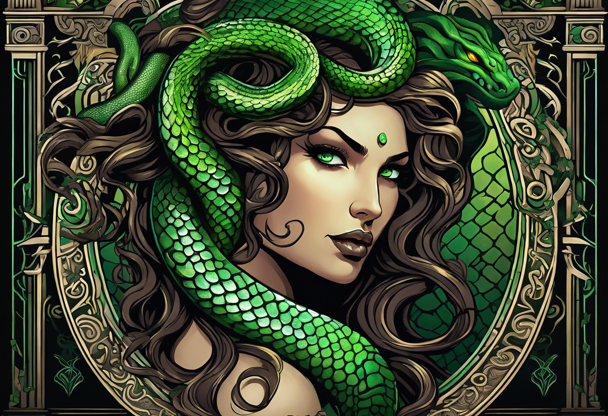 Serpent-themed female Medusa with intense features, snakes forming her hair, glowing green eyes, intricate snake patterns on the body, coiled around a Grecian column in a dimly lit ancient temple. tattoo idea