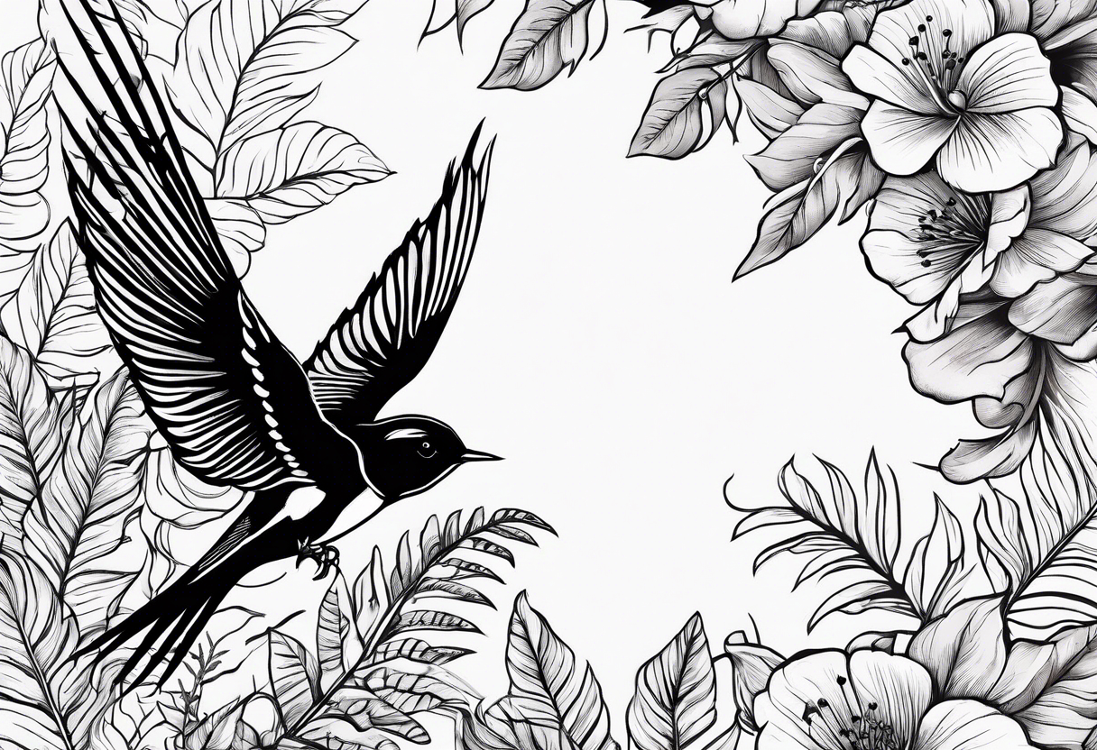 Swallow birds and floral background with ferns tattoo idea